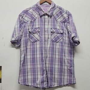 Wrangler 20X Shirt Snap Button Down SS Mens Purple White Plaid Sz. XL Country